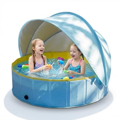 Kiddie Pool with Canopy, Foldable Kids Pools for 3 4 5 6 7 8 Year Old Kids Pools Ages 4 5 6 7 8 Pool with Shade Beach Essentials Tent Swimming Wading Pools Outdoor Backyard Beach - 77”