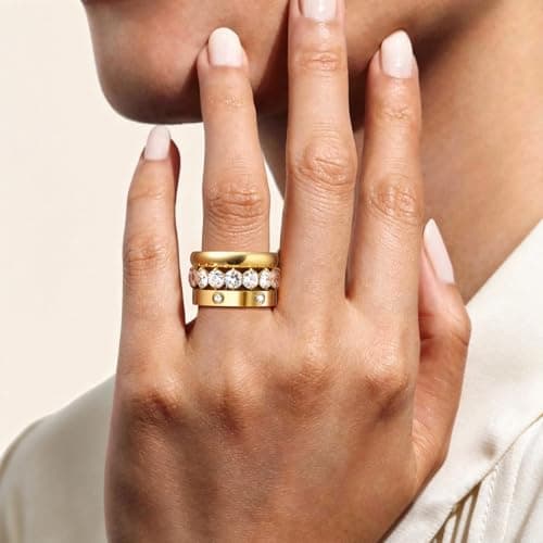 Stackable Gold Rings for Women - 3Pcs 18K Gold Plated Ring, Stainless Steel Cubic Zirconia Band, Waterproof Non-Tarnish Minimalist Jewelry Daily Fashion Birthday Valentines Day Gift for Her Girlfriend - Thumbnail 4