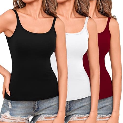 Totatuit Womens Casual Camisole Ribbed Workout Tank Tops Basic Scoop Neck Cami Layering Undershirts Pajama Y2K Crop Going Out Top 3 Pack (Black, White, Red) X-Large - Image 1