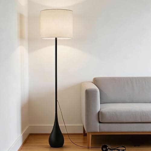 DLITISH Boho Floor Lamp 71 Inch Extal Tall, Modern Torchiere Lamp with Beige Linen Drum Shade, Large Farmhouse Black Teardrop Base Standing Lamp for Living Room, Bedroom, Corner, Office - Image 1