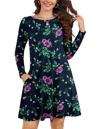 KORSIS Women Long Sleeve T-Shirt Dress Floral Round Neck Casual A-Line Loose Vocation Christmas Tunic Dresses with Pockets S - Image 1