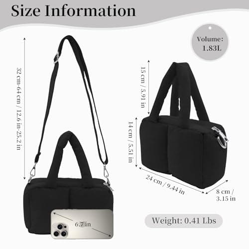 JHhomezeit Small Puffer Bag for Women, Crossbody Puffer Tote Bag Quilted Puffy Bags Satchel Shoulder Purse Fluffy Handbag (Black) - Thumbnail 3