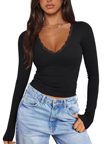 PINKMSTYLE Womens Sexy V-Neck Long Sleeve Tops Slim Fit Double Lined Tee Trendy Club Outfits Lace Tops 2025 Black Large - Image 1