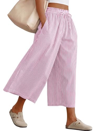 ANRABESS Womens Striped Gingham Palazzo Capri Pants Pajama Wide Leg Lounge Trousers Plaid Cute Crop PJ Bottoms with Pockets Red White Stripe X-Large - Thumbnail 2