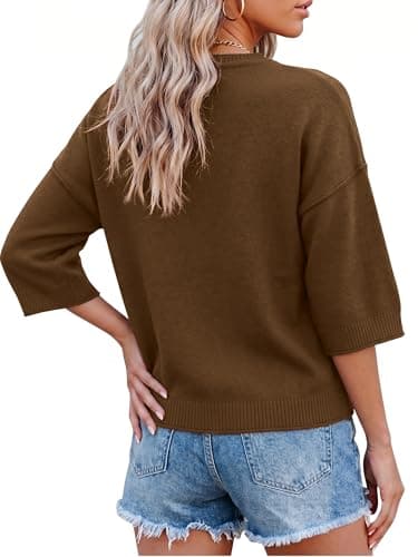 LaGracia Sweater for Women Summer Short Sleeve Oversized Cropped Sweaters Casual Crewneck Lightweight Knit Tops Coffee XL - Thumbnail 2