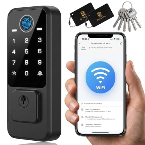 RUIKANG POWER WiFi Smart Door Lock - Keyless Entry Door Lock for Front Door, Fingerprint Door Lock with App Control, 5-in-1 Touchscreen Deadbolt with 6 Keys & 2 NFC Cards, Built-in 2.4G WiFi