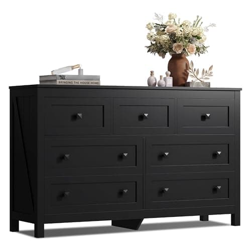 GALAXHERO Farmhouse TV Stand, 51.18" Wide 7 Drawer Media Console for 65" TV, Wooden Storage Cabinet for Living Room, Hallway, Black