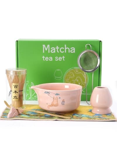 Matcha Whisk Set, Ceramic Matcha Set Includes Matcha Bowl, Matcha Whisk and Holder, Bamboo Scoop, Scoop Rest, Sifter and Tea Towel - 7 Pcs Matcha Kit(Pink)