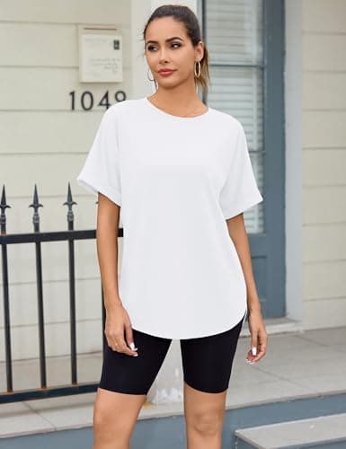 Totatuit Tee Shirts for Women Loose Fit Drop Shoulder Short Sleeve Oversized Tees Cute Teens Girls Summer Big T-Shirts White Large - Thumbnail 2