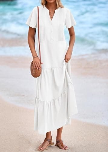KIRUNDO Summer Maxi Dresses for Women 2026 Spring Fashion Short Sleeve Button V Neck Pleated Loose Tiered Swing Flowy Dress(White, Large) - Thumbnail 6