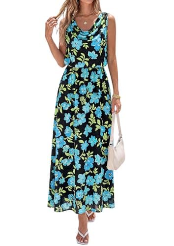 PRETTYGARDEN Floral Dress for Women 2026 Spring Formal Sleeveless Cowl Neck Graduation Summer Wedding Guest Maxi Long Dresses(Flower Black Blue Green,X-Large) - Image 1