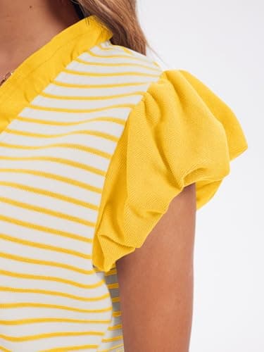 Tankaneo Womens Ruffle Cap Sleeve Tank Tops Summer Casual Cute Color Block Striped Tshirts Pleated V Neck Shirts Yellow - Thumbnail 6