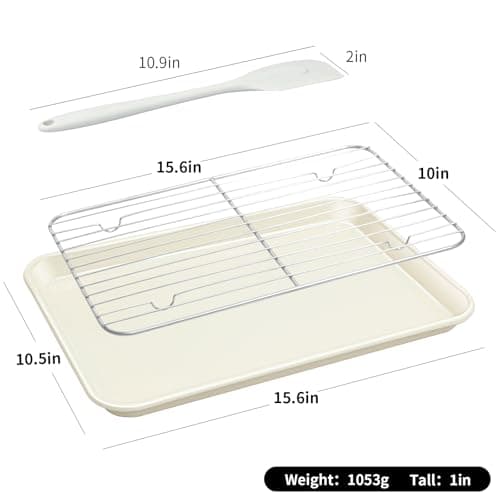 Ymiton 7PCS Nonstick Baking Sheet Set - 10x15in Jelly Roll Pan with Wire Rack, Silicone Spatula & 4 Cookie Cutters, Thickened Carbon Steel, Oven Safe 450°C, Sunshine Cream - Thumbnail 2