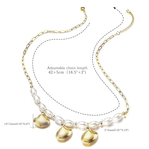 Seashell Necklace for Women: 3-Piece Boho Pendant with 10 Simulated Pearls, 14K Gold Plated on Stainless Steel Chain | Cute Beach Jewelry Gift for Summer (Gold) - Thumbnail 5