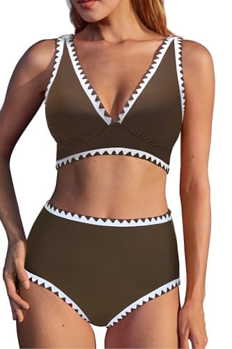 MOOSLOVER Women Bikini Sets Plunging High Waisted Swimsuit Whip Stitch 2 Piece Bathing Suits(XL,Brown) - Image 1