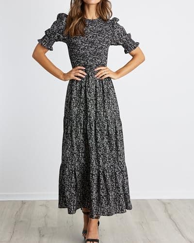 BTFBM Women Casual Summer Dresses 2025 Spring Crew Neck Ruffle Short Sleeve Floral Print Smocked Boho Flowy Maxi Dress(Floral Black White, Small) - Thumbnail 3