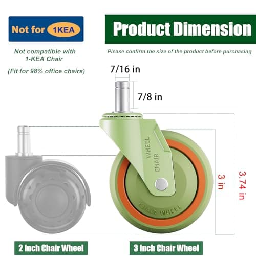 TESUMI Tangle-Free Office Chair Wheels Replace Office Chair Mats, 11mm Universal Fit Hard PA Wheels 3" Inch Heavy Duty Gaming Desk Computer Chair Caster Wheels for Carpet Floor - Set of 5 （Green） - Thumbnail 3