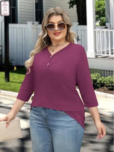 3/4 Length Sleeve Womens Tops Summer Plus Size Clothes Spring Beach Fashion Clothing for Women Blouses Dressy Casual Oversized Tshirts V Neck T Shirts Business Casual Vacation Rave Outfits 2026 Red L - Thumbnail 6