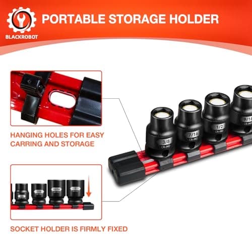 BLACKROBOT 1/2" Drive Magnetic Impact Socket Set, 10-Piece Shallow Socket Set with Storage Rail, SAE 3/8" to 1", 6-Point Magnetic Sockets, Cr-Mo Steel - Thumbnail 6