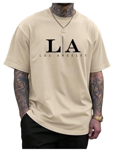GORGLITTER Men's Oversized Graphic Drop Shoulder Tshirt Round Neck Short Sleeve Loose Casual Tee Top Khaki La Medium - Image 1