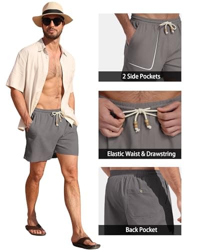 DOWMQ Men's Cotton Linen Shorts - 5" Inseam Casual Shorts with Drawstring Elastic Waistband for Summer Beach Vacation & Golf Dark Gray, S - Thumbnail 4