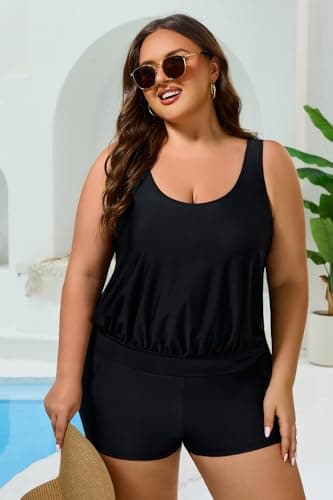 COCOPEAR Plus Size Tankinis Two-Piece Tankini Swimsuit for Women Boy Shorts Swimsuits Tummy Control Blouson Conservative Black - Thumbnail 3