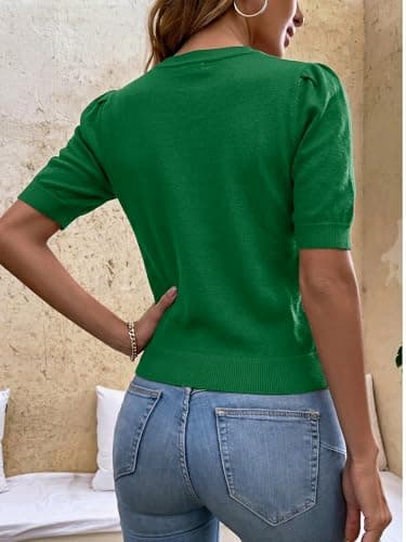 LaGracia Womens Cropped Sweater Puff Short Sleeve Spring Summer Work Tops Crew Neck Sweaters Green XL - Thumbnail 3