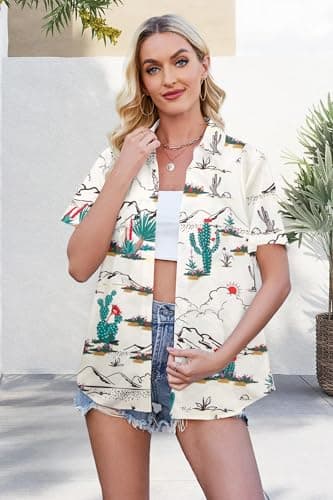 Western Shirt for Women Cowgirl Shirts Boho Graphic Button Down Country Concert Outfits Retro Cowboy Clothes Tops Beige - Thumbnail 2