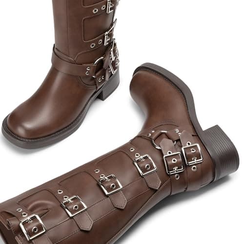 Athlefit Women's Knee High Riding Boots Fashion Buckle Square Toe Pull On Chunky Heel Wide Calf Biker Boots Tan Size 10 - Thumbnail 6