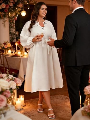 EYWOL Women Plus Size Elegant Cocktail Dress Cutwork V-Neck Midi A-Line Dress with Belt,Formal Wedding Guest Party Prom Dress White - Thumbnail 2