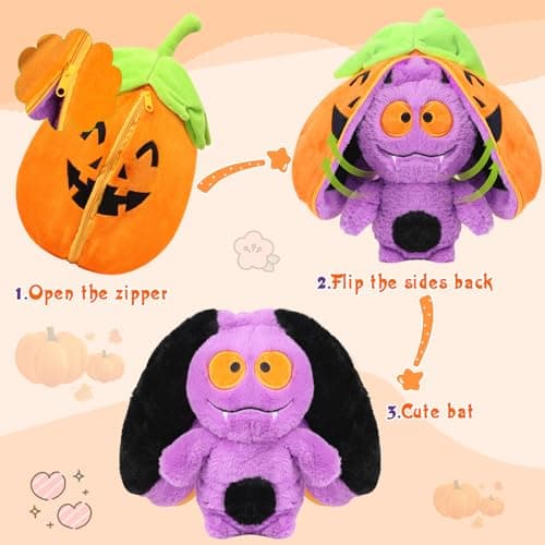 MIAODAM Bat Stuffed Animal, 11inch Reversible Pumpkin Bat Plush, Cute Plushies Toy Gift for Kid Toddler Girls Boys - Thumbnail 2