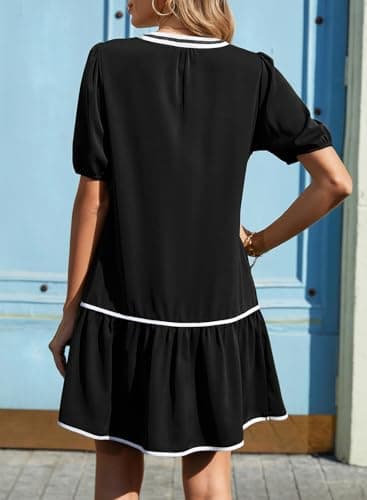 Dokotoo Summer Dresses for Women Short Sleeve V Neck Boho Color Block Black Mini Dress 2026 Spring Casual Trendy Beach Vacation Elegant Wedding Guest Dress with Pocket - Thumbnail 4