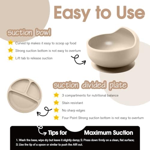 Baby Led Weaning Supplies, 17 Piece BPA-Free Silicone Feeding Set, Eating Essentials Baby Utensils with Suction Plate and Bowl, Pocket Bib, Sippy Cup with Lid, for 6+ Months, Beige - Thumbnail 5