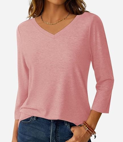 GKBK Womens Tops 3/4 Sleeve Shirts V Neck Casual Blouses Basic Loose Fit Pullover Tshirts Dusty Pink XL - Thumbnail 2