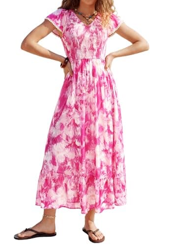 Summer Floral Maxi Dress with Sleeves, Flowy, Spring V Neck Boho Easter Dresses, Casual Long Dresses for Women Beach Sundress - Image 1