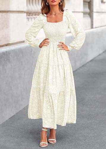 KIRUNDO Wedding Guest Dresses for Women 2026 Spring Summer Long Sleeve Smocked Floral Flowy Baby Shower Maxi Dress Pockets (Cream, Medium) - Thumbnail 4