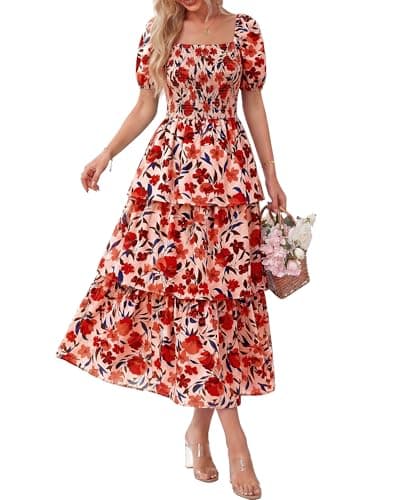 BTFBM Womens Square Neck Smocked Dress Summer Puff Short Sleeve Floral Casual Ruffle Tiered Maxi Wedding Guest Dresses(Floral Orange Pink Red, Medium) - Image 1