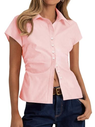 Cicy Bell Womens Summer Button Down Shirts Short Sleeve Slim Fit Ruched Cotton Blouses Cute Going Out Tops Light Pink - Image 1