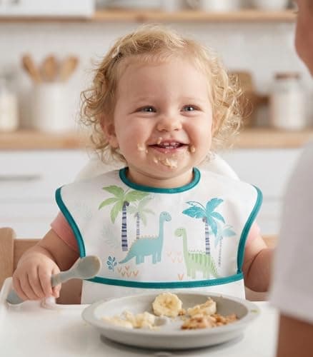 CIVARUA KIDS 3-Pack Waterproof Baby Bibs for Eating - Mess Proof Lightweight Toddler Feeding Bibs with Large Food Catcher, Food-Grade Baby Eating Essentials, Easy to Put On & Clean(Blue Dinosaur) - Thumbnail 2