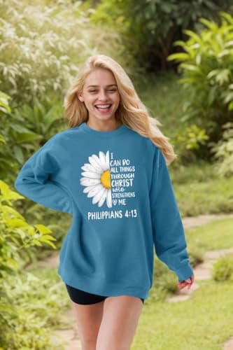 Ladicme Christian Sweatshirts For Women Oversized I Can Do All Things Daisy Graphic Pullover Top Casual Loose Fit Tops - Thumbnail 2