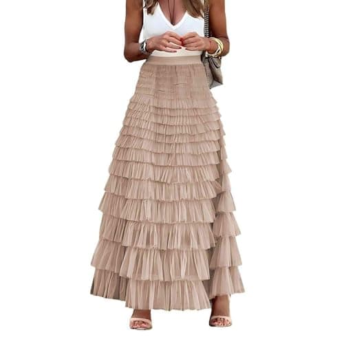 Mincib Womens Long Tulle Skirt A Line Ruffle Tiered Layered Skirts High Waisted Flowy Fairy Maxi Skirts Valentine's Day Gifts Outfit(Champagne,M) - Image 1
