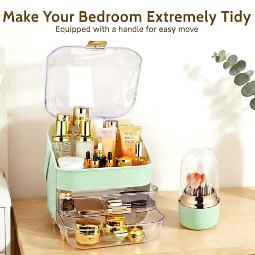 Makeup Organizer with Drawers-Cosmetic Display Case for Vanity|Skincare Organizer with 360 Rotating Brush Holder,Large Storage Box Dresser,Women Gifts Display Cases for Bathroom Countertop,Green - Thumbnail 6