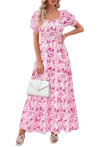 PRETTYGARDEN Women's Floral Boho Maxi Dresses Flowy Short Sleeve A Line Smocked Eyelet 2026 Summer Beach Vacation Clothes (Leaves Pink,XX-Large) - Image 1
