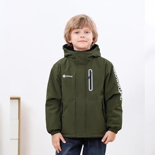 Boys' Waterproof skiing Jacket - Winter Fleece Lined Snowboarding Coat with Hood, Windproof Thermal Outer Shell for Kids Army Green 9-10 - Thumbnail 2