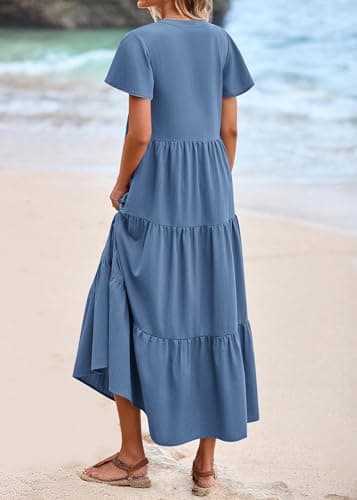KIRUNDO Summer Maxi Dresses for Women 2026 Spring Fashion Short Sleeve Button V Neck Pleated Loose Tiered Swing Flowy Dress(Blue, Large) - Thumbnail 2