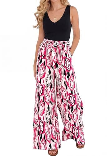 BTFBM Two Piece Sets For Women Summer 2026 Spring Outfits Casual Sleeveless Wide Leg Pants Sets Beach Vacation Clothes(Floral White Rose Red, Large) - Image 1