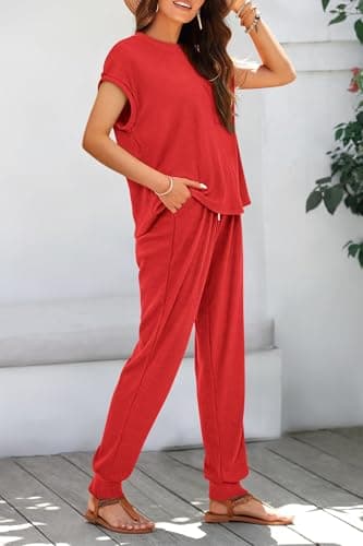 BTFBM Women's Two Piece Tracksuit Outfits Summer Short Sleeve Tops Long Pants Jogger Lounge Matching Sets Sweatsuit(Red,X-Large) - Thumbnail 3