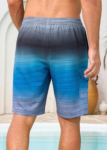 SILKWORLD Mens Swimming Trunks with Compression Liner 2 in 1 Swimming Shorts Quick Dry Bathing Suits with Cargo Pockets, Grey Blue, Large - Thumbnail 3