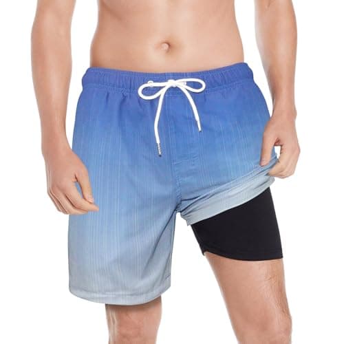 Mens Short Swim Trunks,Men Bathing Suit with No Chafed Liner Quick Dry(Blue Green,Medium) - Thumbnail 2
