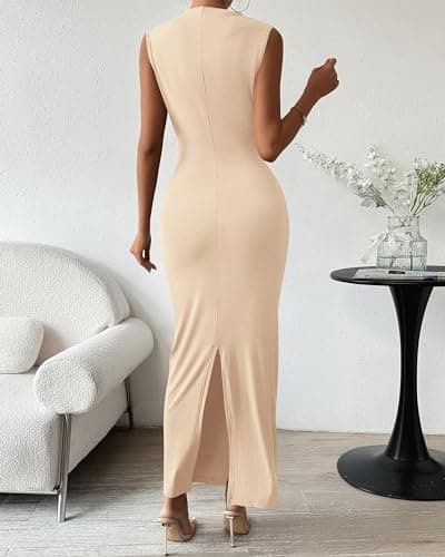 BTFBM Women Ruched Bodycon Maxi Dresses Summer Casual Sleeveless Lightweight Slit Elegant Cocktail Wedding Guest Dress(Beige, Small) - Thumbnail 4